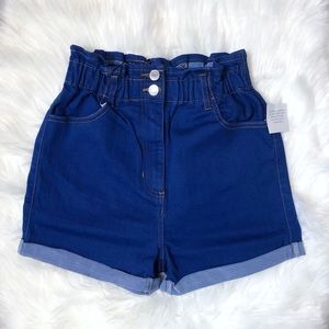 Paperbag Waist Turn Up Hem Denim Shorts.